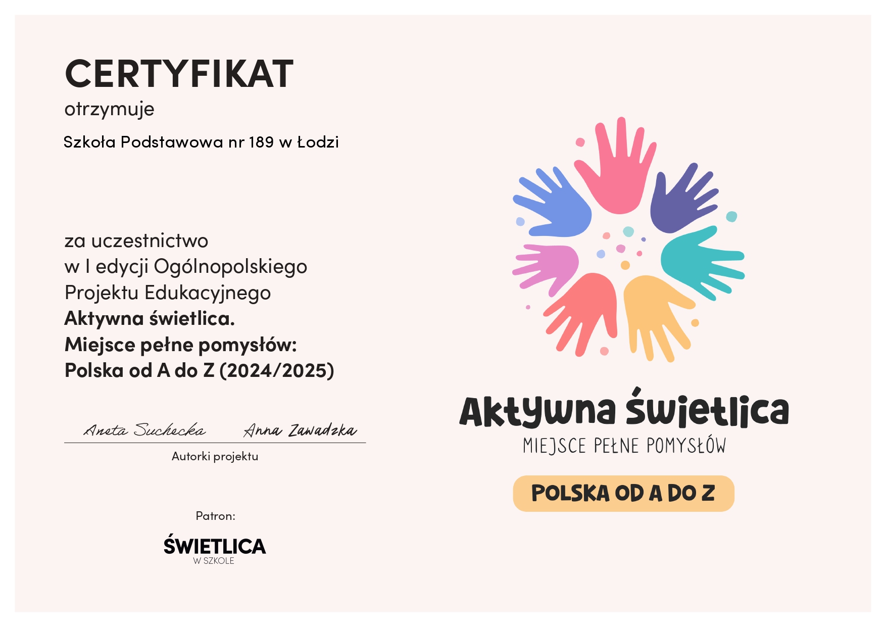 Certyfikat projektu Aktywna Świetlica. Miejsce pełne pomysłów