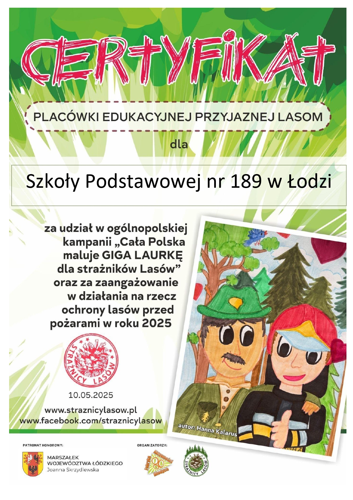 certyfikat Placówki Edukacyjnej Przyjaznej Lasom 
