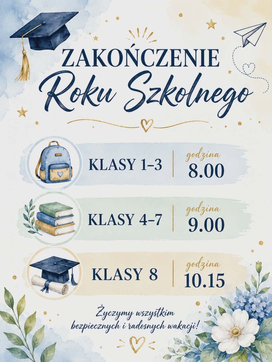 ZAKOŃCZENIE ROKU SZKOLNEGO Klasy 1&ndash;3 &ndash; godzina 8.00 Klasy 4&ndash;7 &ndash; godzina 9.00 Klasy 8 &ndash; godzina 10.15 Życzymy wszystkim bezpiecznych i radosnych wakacji!