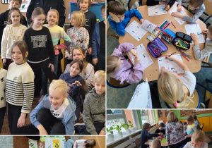 Kolaż zdjeć przedstawiajacy aktywności organizowane dla dzieci podczas Zimowych Półkolonii