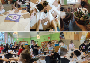 Kolaż zdjeć przedstawiajacy aktywności organizowane dla dzieci podczas Zimowych Półkolonii